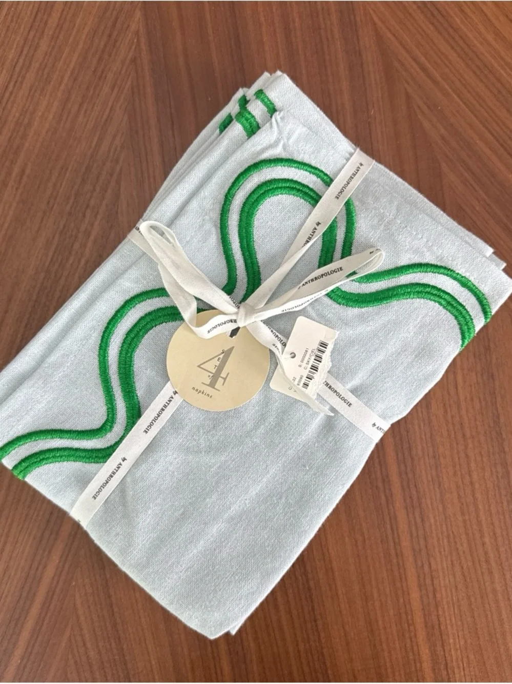 Anthropologie Light Blue Linen Napkins with Green Embroidered Trim - Set of 4